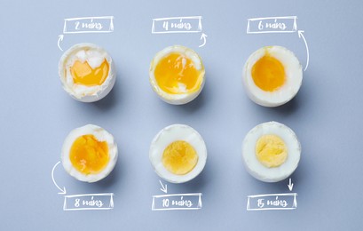 Image of Different readiness stages of boiled chicken eggs on light blue background, flat lay