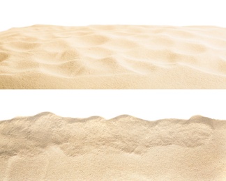 Image of Heaps of dry beach sand on white background