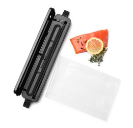 Photo of Sealer for vacuum packing, plastic bag and salmon with ingredients on white background, top view