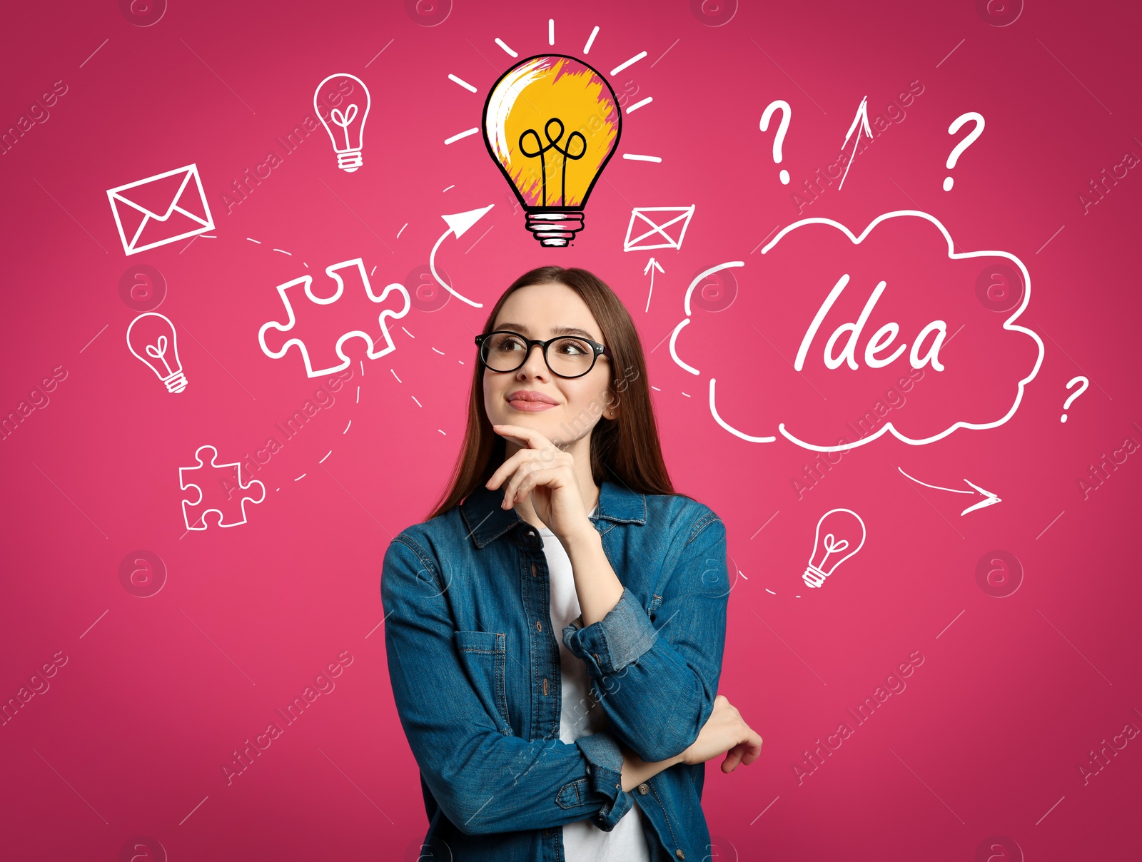 Image of Creative illustration and thoughtful woman in casual outfit on pink background. Business idea