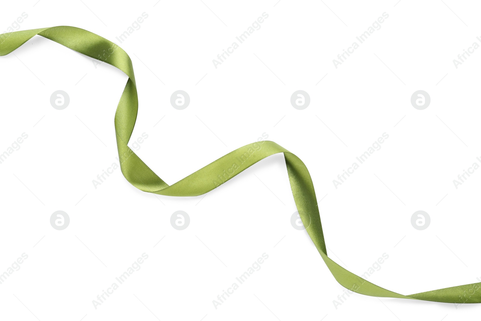 Photo of Beautiful green ribbon isolated on white, top view
