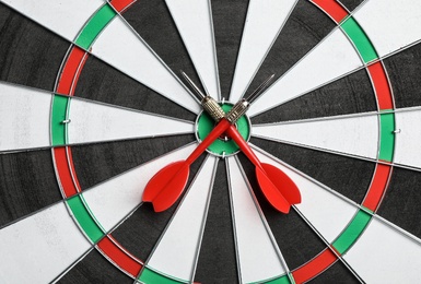 Photo of Dart board with color arrows, top view