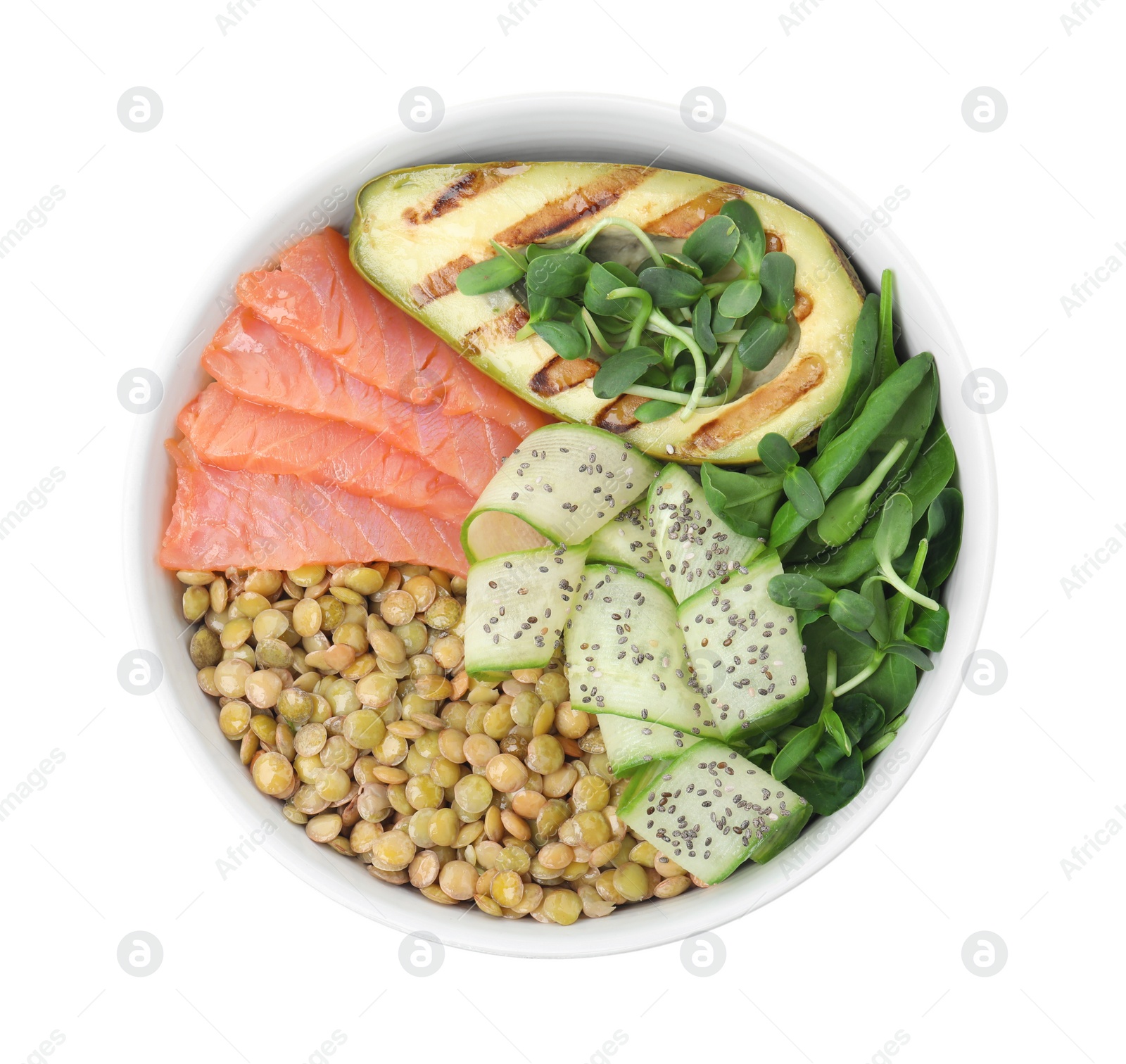 Photo of Delicious lentil bowl with salmon, avocado and cucumber on white background, top view
