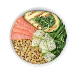 Photo of Delicious lentil bowl with salmon, avocado and cucumber on white background, top view