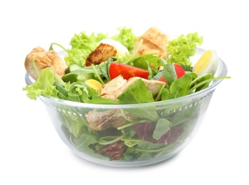 Tasty salad of fresh ingredients on white background