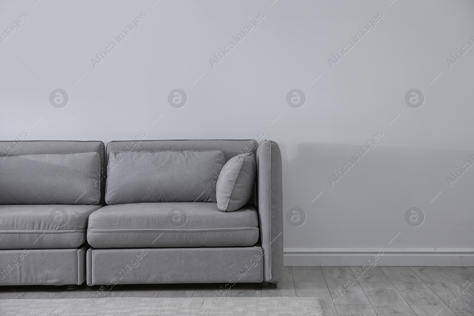 Photo of Simple living room interior with comfortable sofa near light wall. Space for text