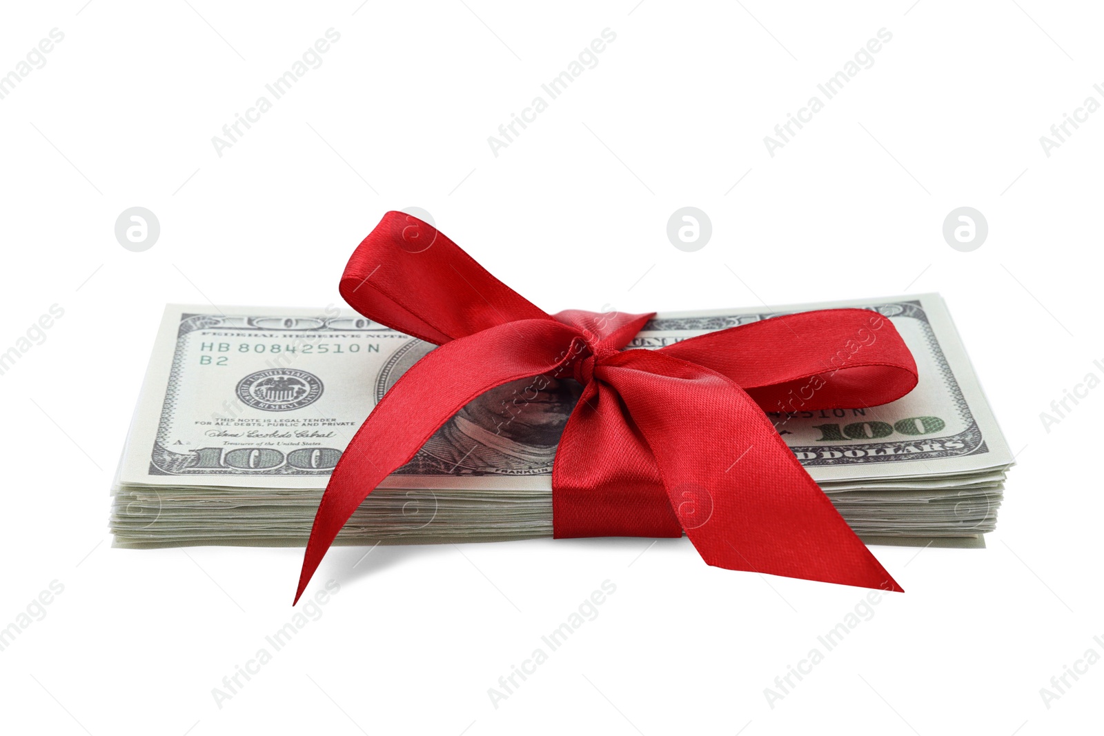 Photo of Stack of dollar banknotes with red ribbon isolated on white