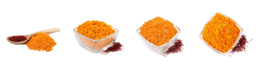 Image of Set with saffron powder on white background. Banner design
