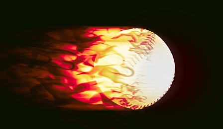 Image of Burning baseball ball flying at high speed on black background