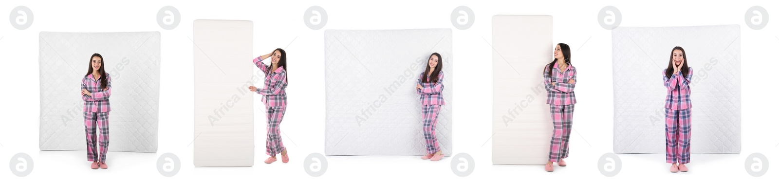 Image of Collage with photos of young woman and mattresses on white background. Banner design