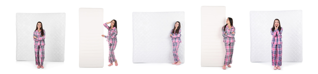 Image of Collage with photos of young woman and mattresses on white background. Banner design