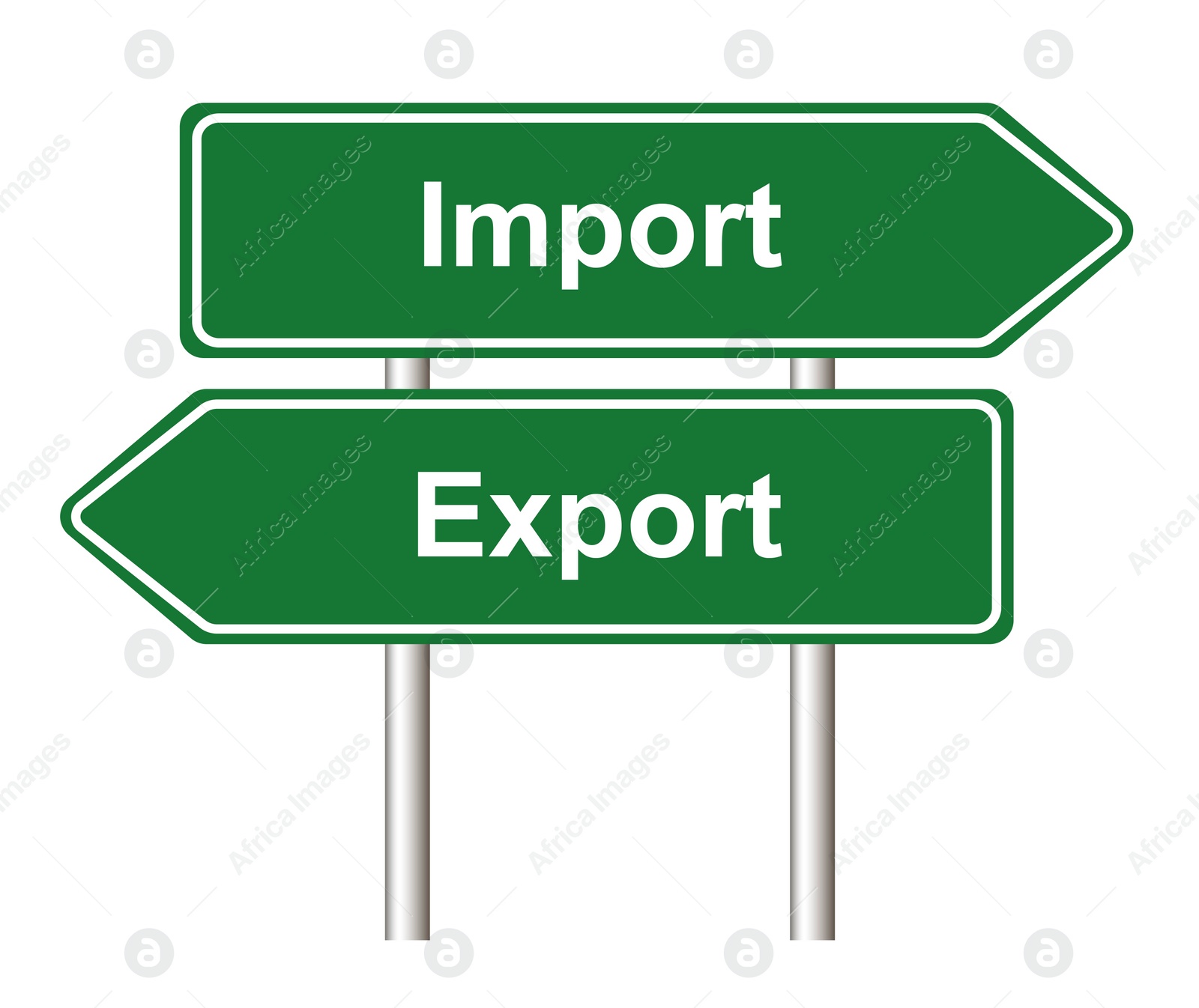 Illustration of Import Export arrow shaped green road sign on white background