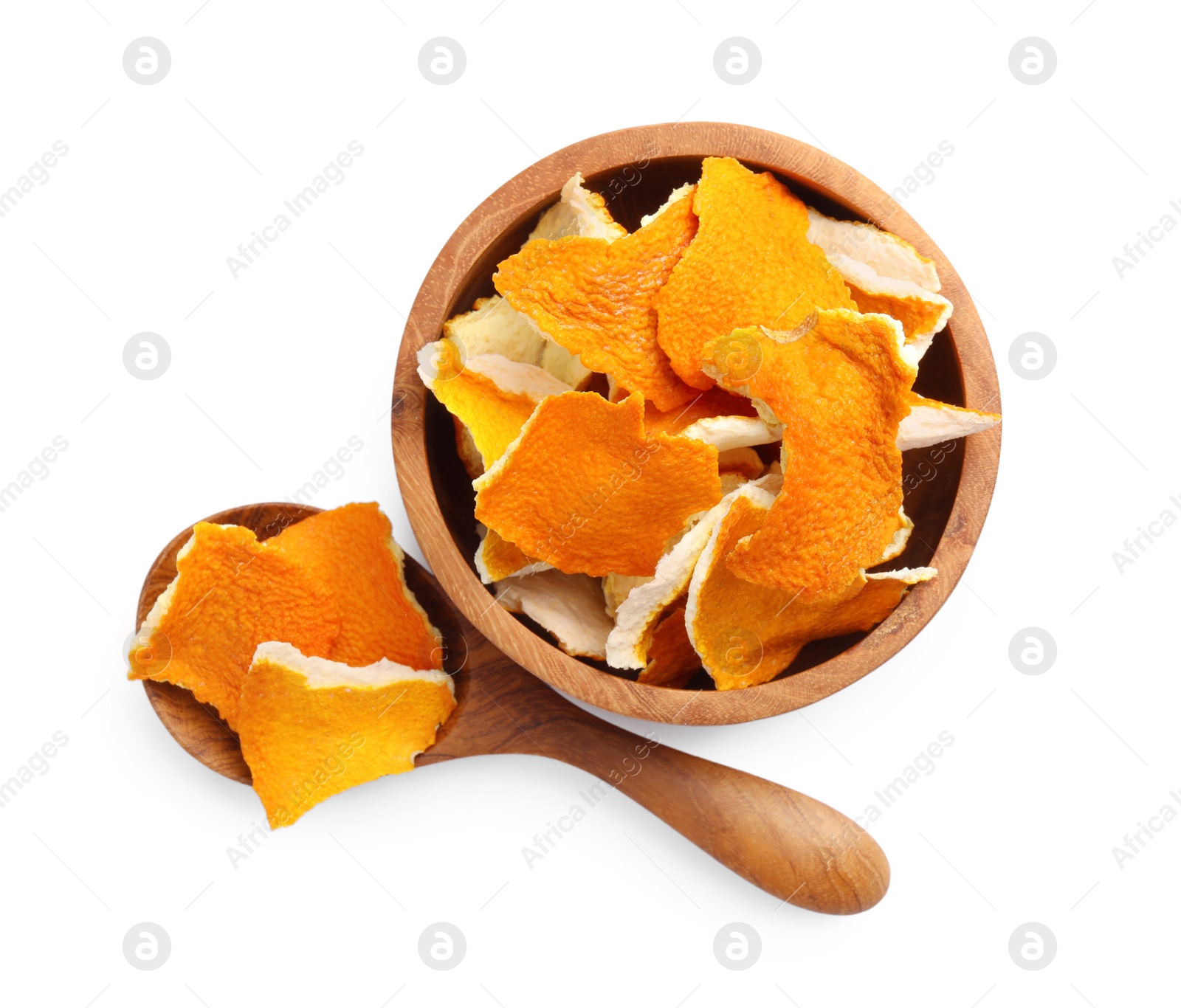 Photo of Dry orange peels in wooden bowl and spoon on white background, top view