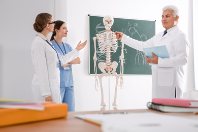 Medical students and professor studying human skeleton anatomy in classroom