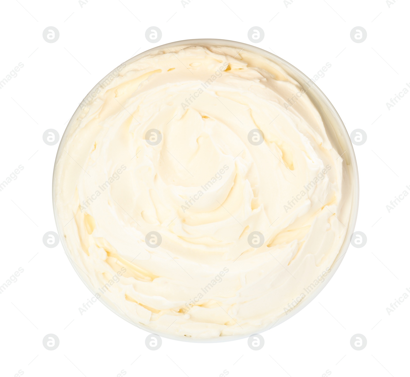 Photo of Bowl of tasty cream cheese isolated on white, top view