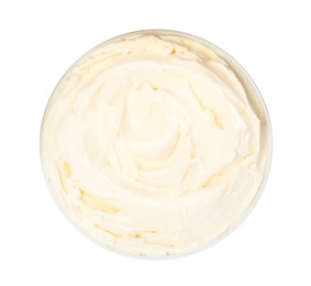 Photo of Bowl of tasty cream cheese isolated on white, top view