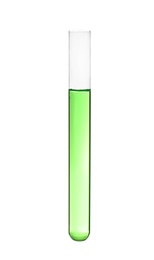 Photo of Test tube with color liquid on white background. Solution chemistry