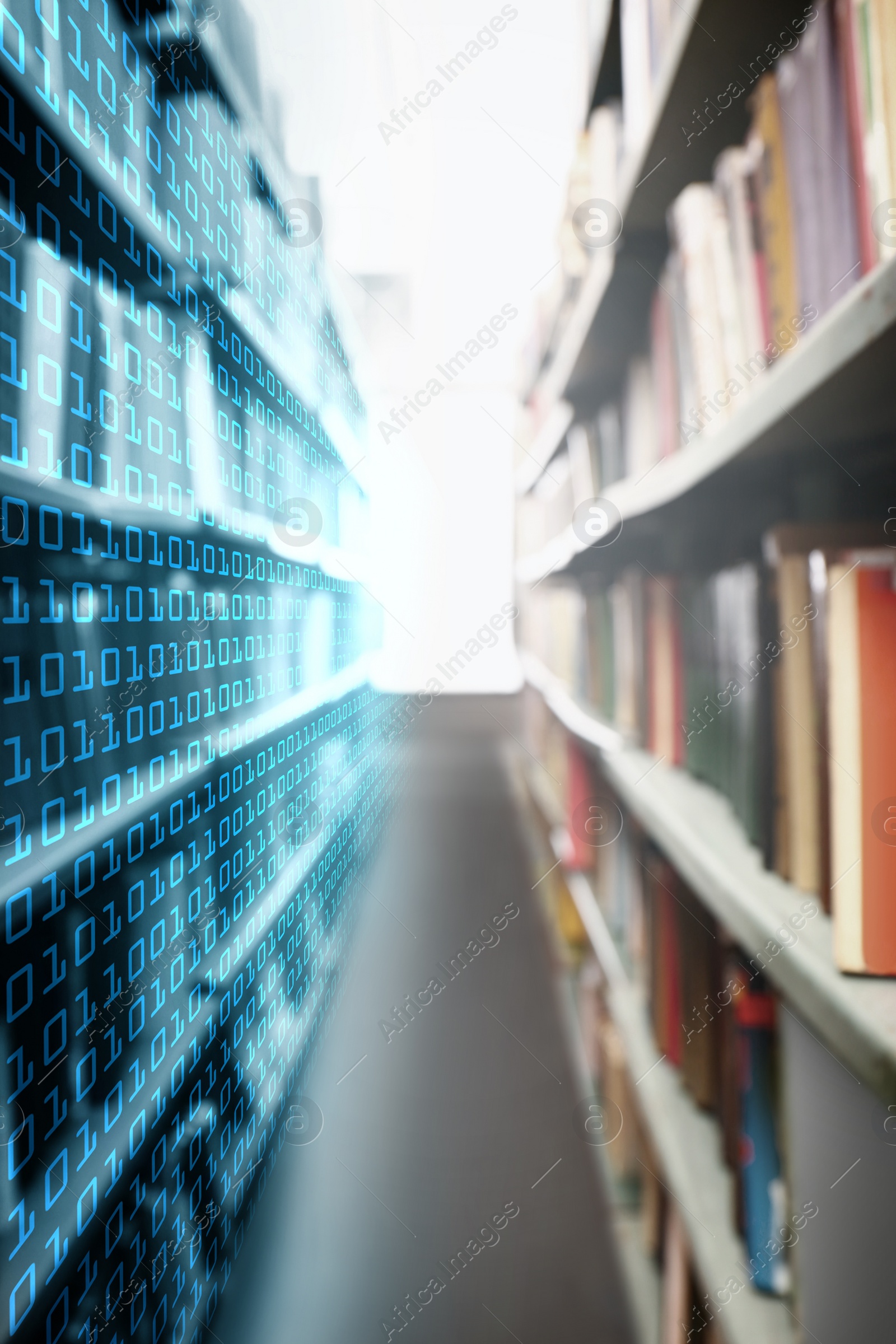 Image of Digital archive. One of storage racks covered with binary code and toned in blue symbolizing keeping information digitally