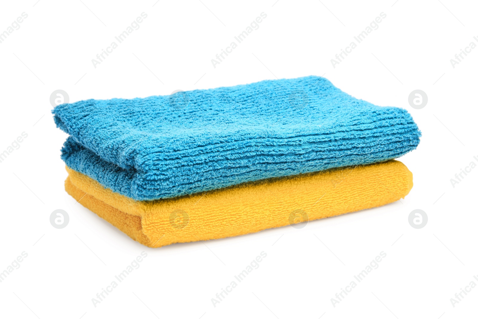 Photo of Two colorful terry towels isolated on white