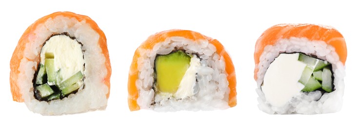 Image of Collage with delicious sushi rolls on white background