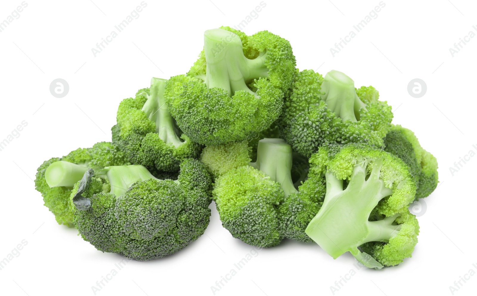 Photo of Pile of fresh raw green broccoli isolated on white