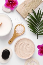 Photo of Flat lay composition with different spa products on white background