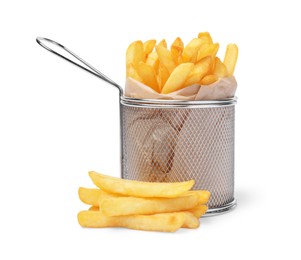 Tasty French fries and metal basket isolated on white