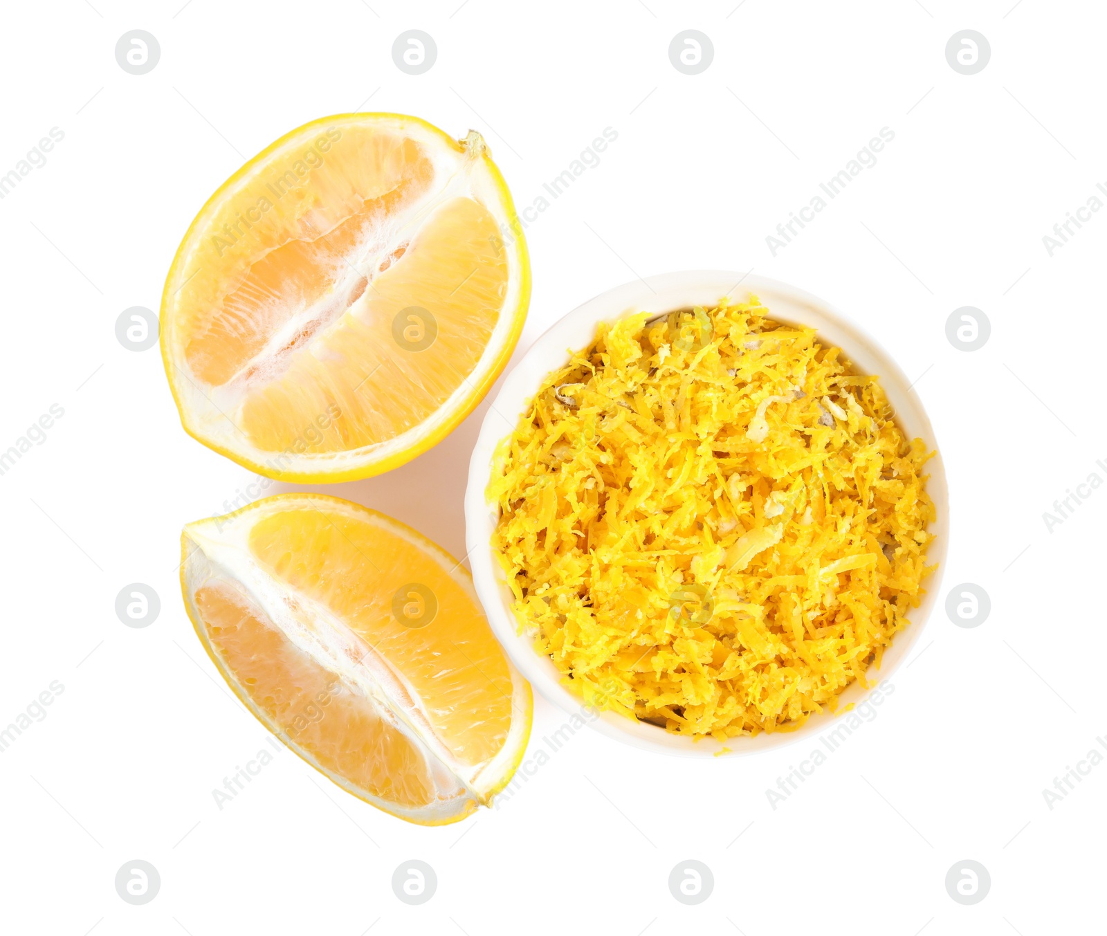 Photo of Lemon zest and fresh fruit on white background, top view