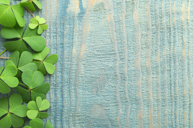 Photo of Clover leaves on blue wooden table, flat lay with space for text. St. Patrick's Day symbol