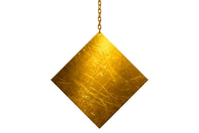 Image of One golden signboard hanging on metal chain against white background. Space for text