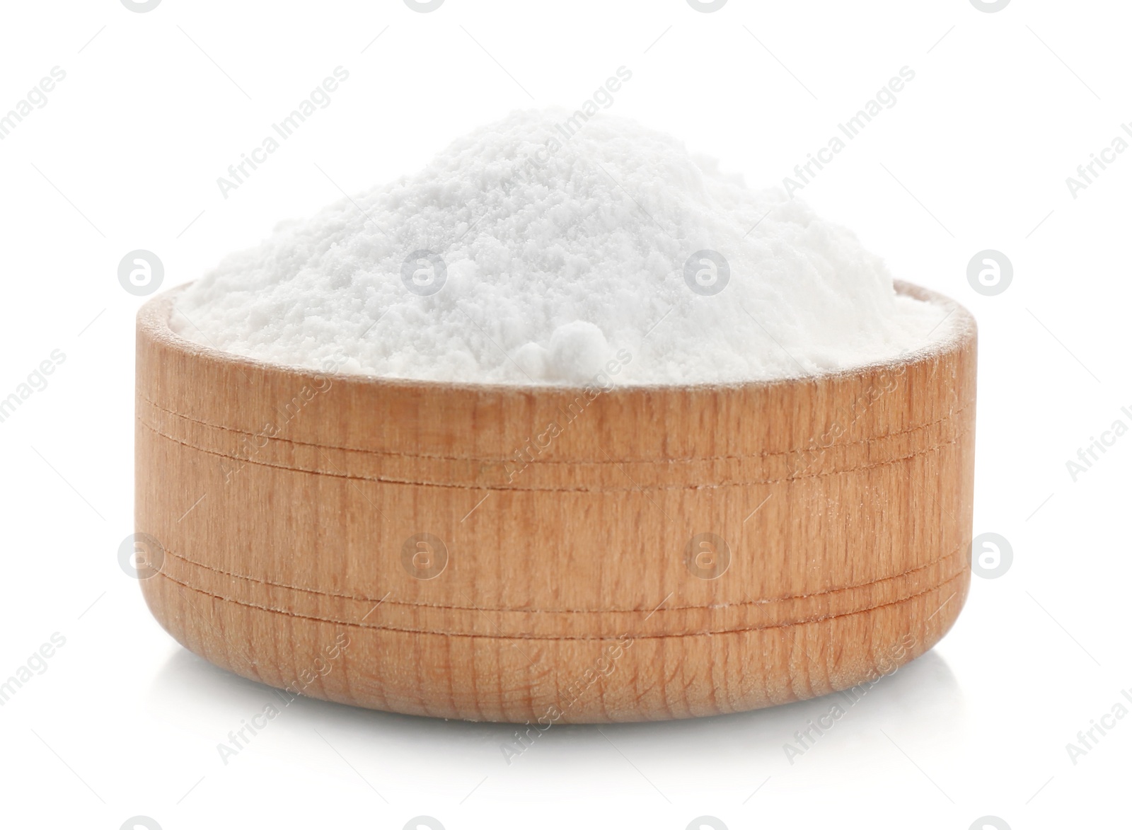 Photo of Bowl with baking soda on white background