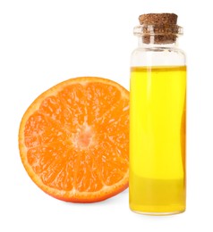 Photo of Aromatic tangerine essential oil in bottle and citrus fruit isolated on white