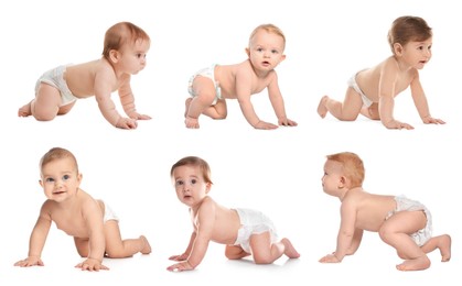 Image of Collage with photos cute little babies crawling on white background