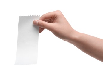 Photo of Woman holding piece of blank thermal paper for receipt on white background, closeup
