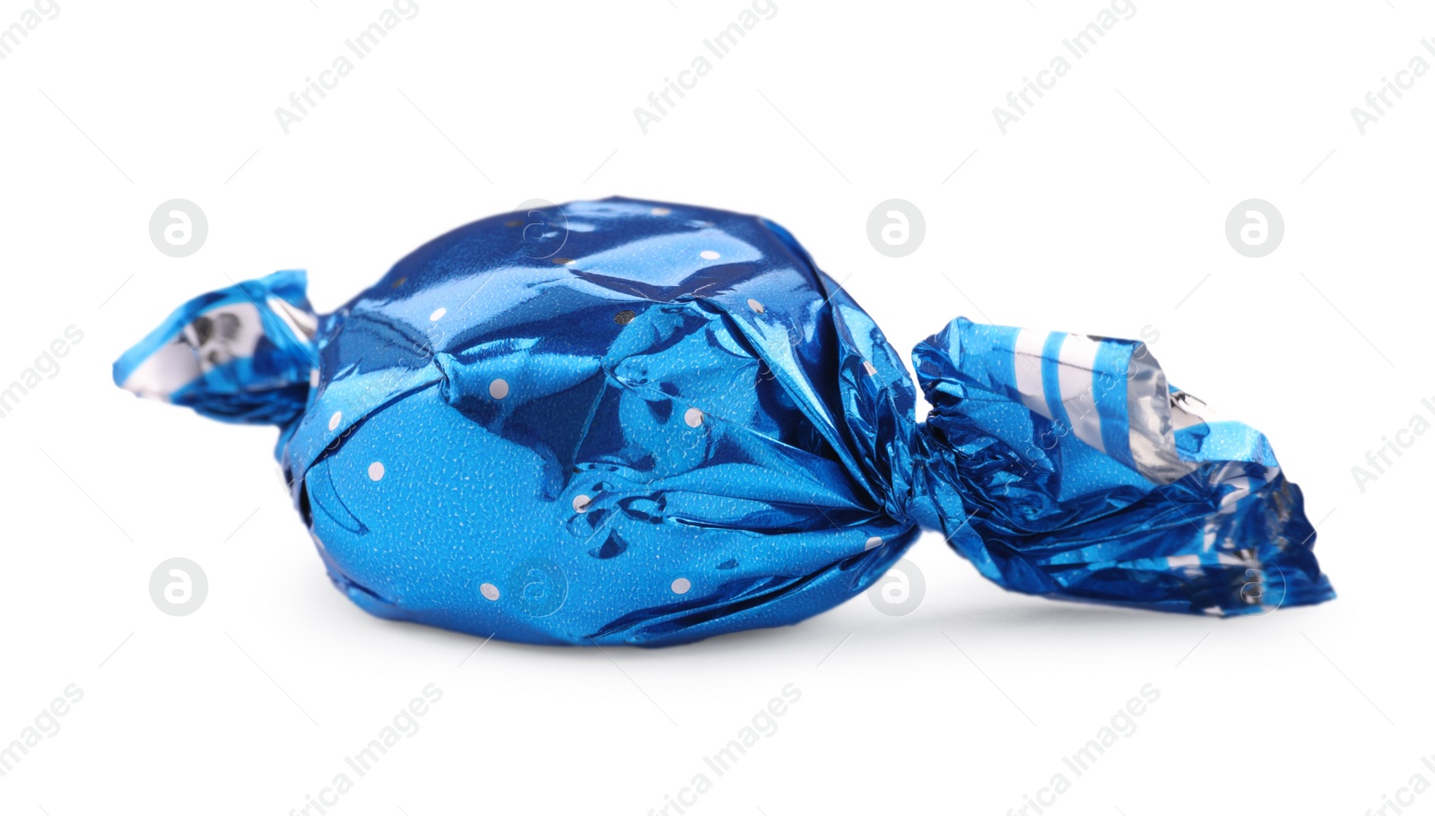 Photo of Candy in light blue wrapper isolated on white