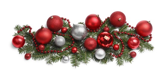 Photo of Beautiful Christmas balls, beads and fir twigs isolated on white, above view