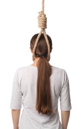 Photo of Woman with rope noose on neck against white background, back view