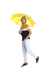 Man with yellow umbrella on white background