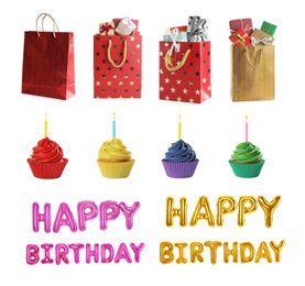 Image of Set of different birthday items on white background