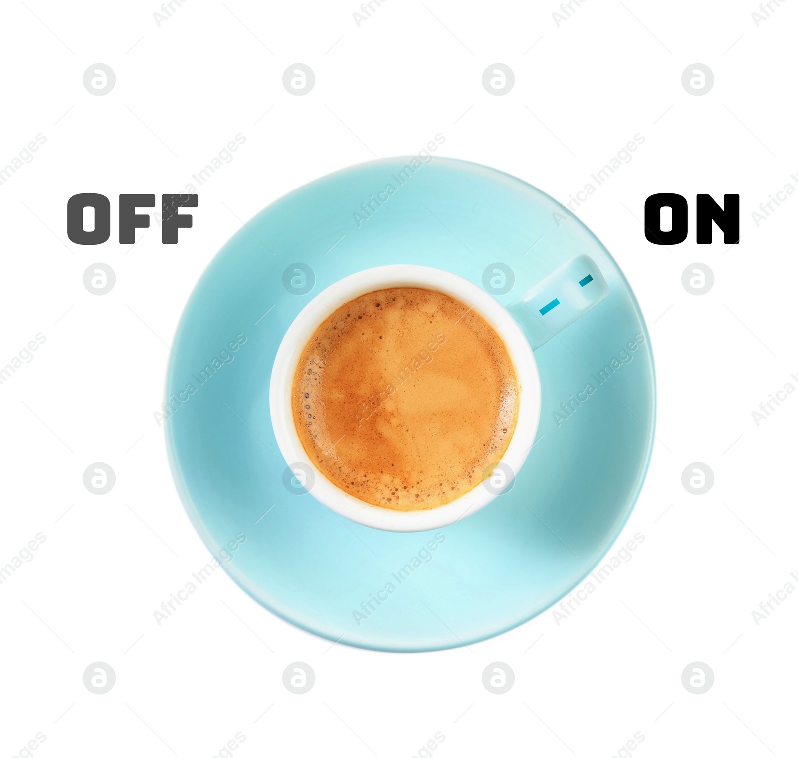 Image of Coffee break. Cup of aromatic hot drink on white background, top view