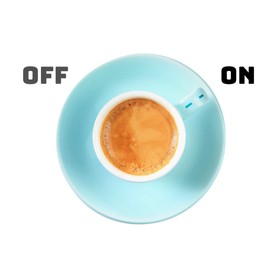 Image of Coffee break. Cup of aromatic hot drink on white background, top view