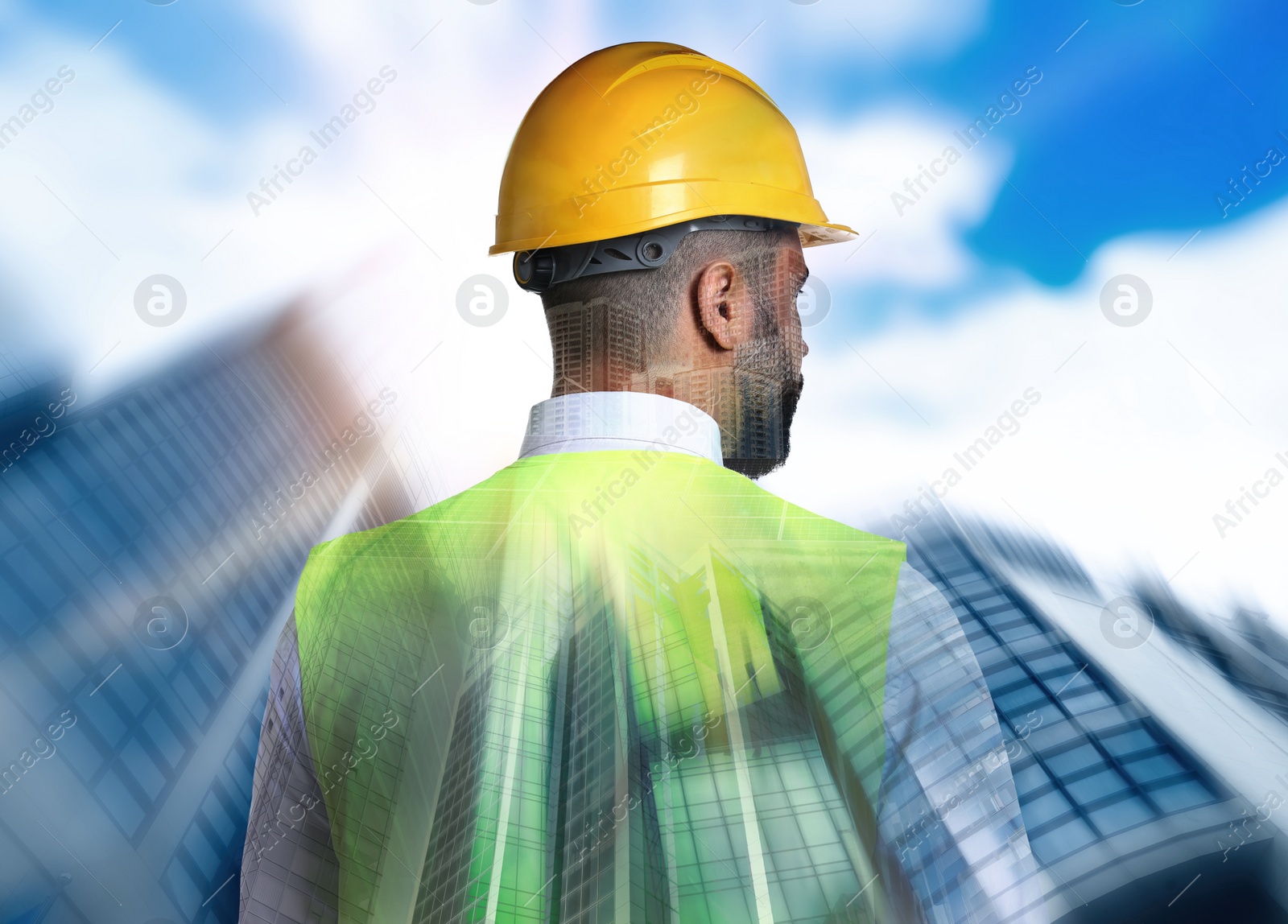 Image of Engineer in hard hat and cityscapes, multiple exposure