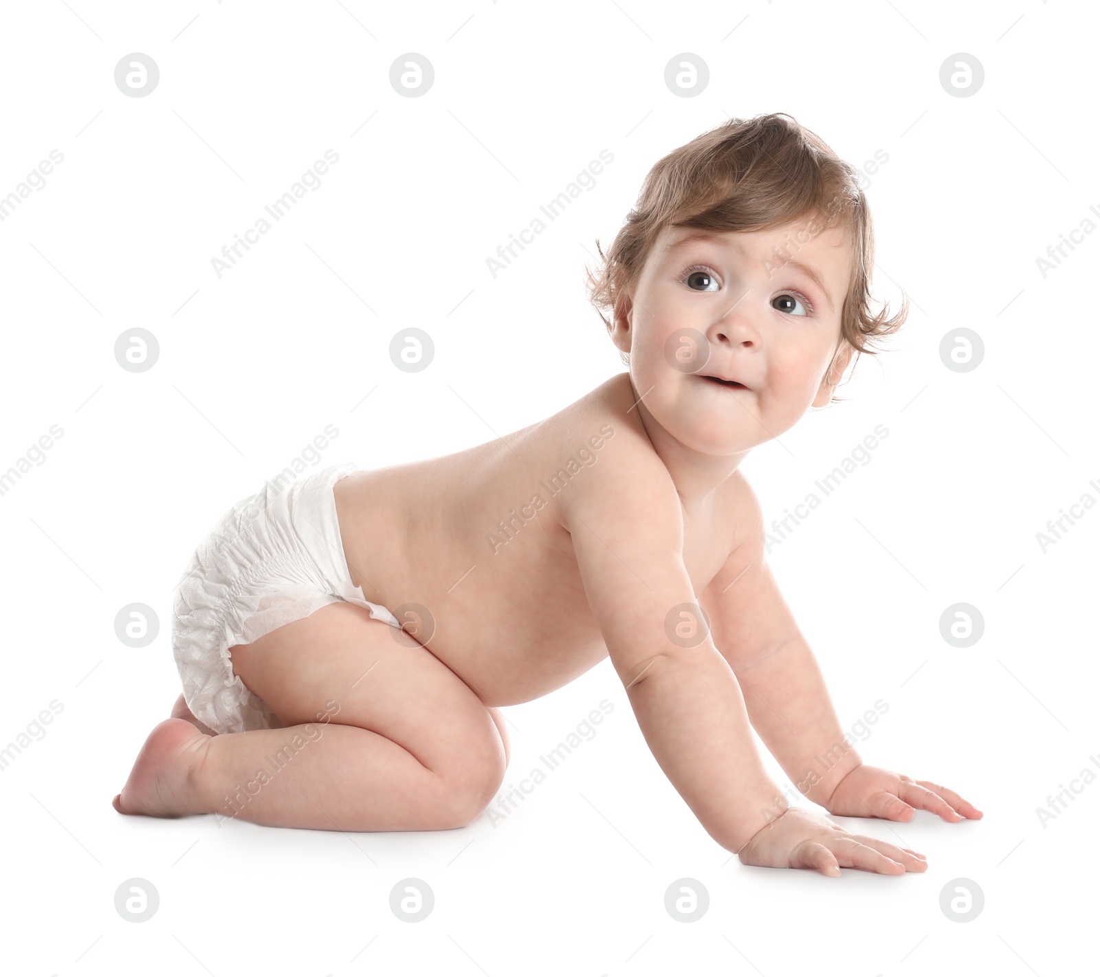 Photo of Cute little baby in diaper on white background