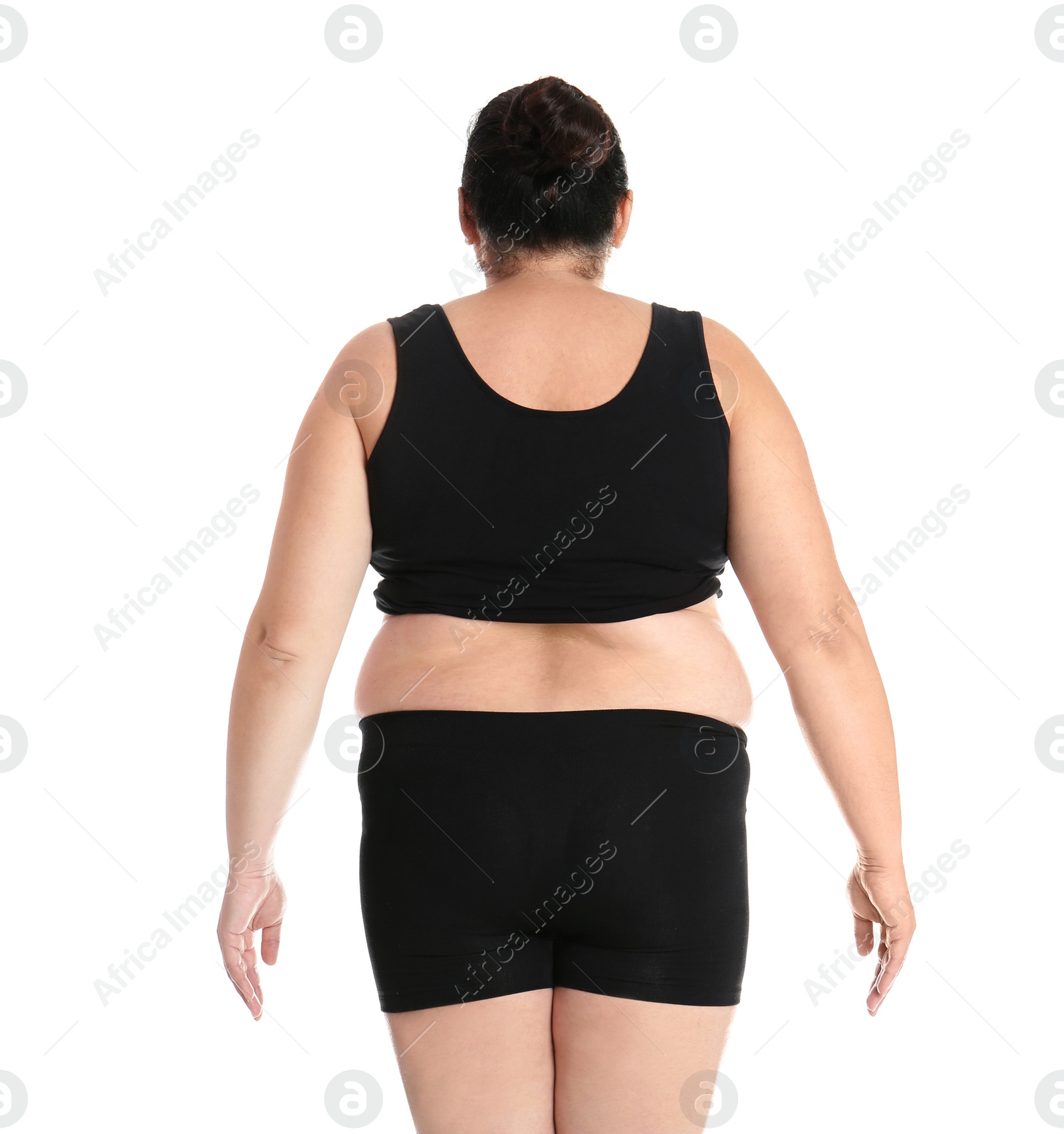 Photo of Fat woman on white background. Weight loss