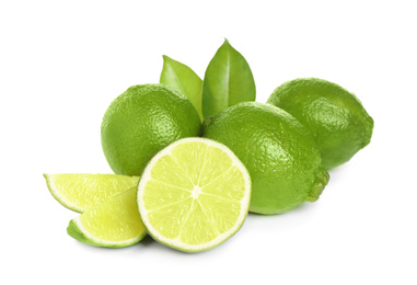 Fresh ripe green limes isolated on white