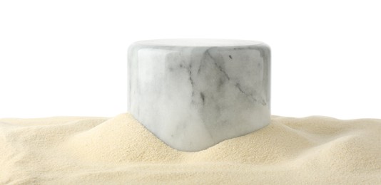 Photo of Presentation of product. Stone podium on sand against white background