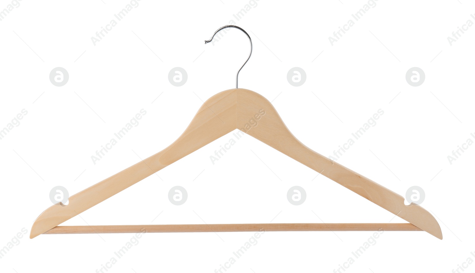 Photo of Empty wooden hanger isolated on white. Wardrobe accessory