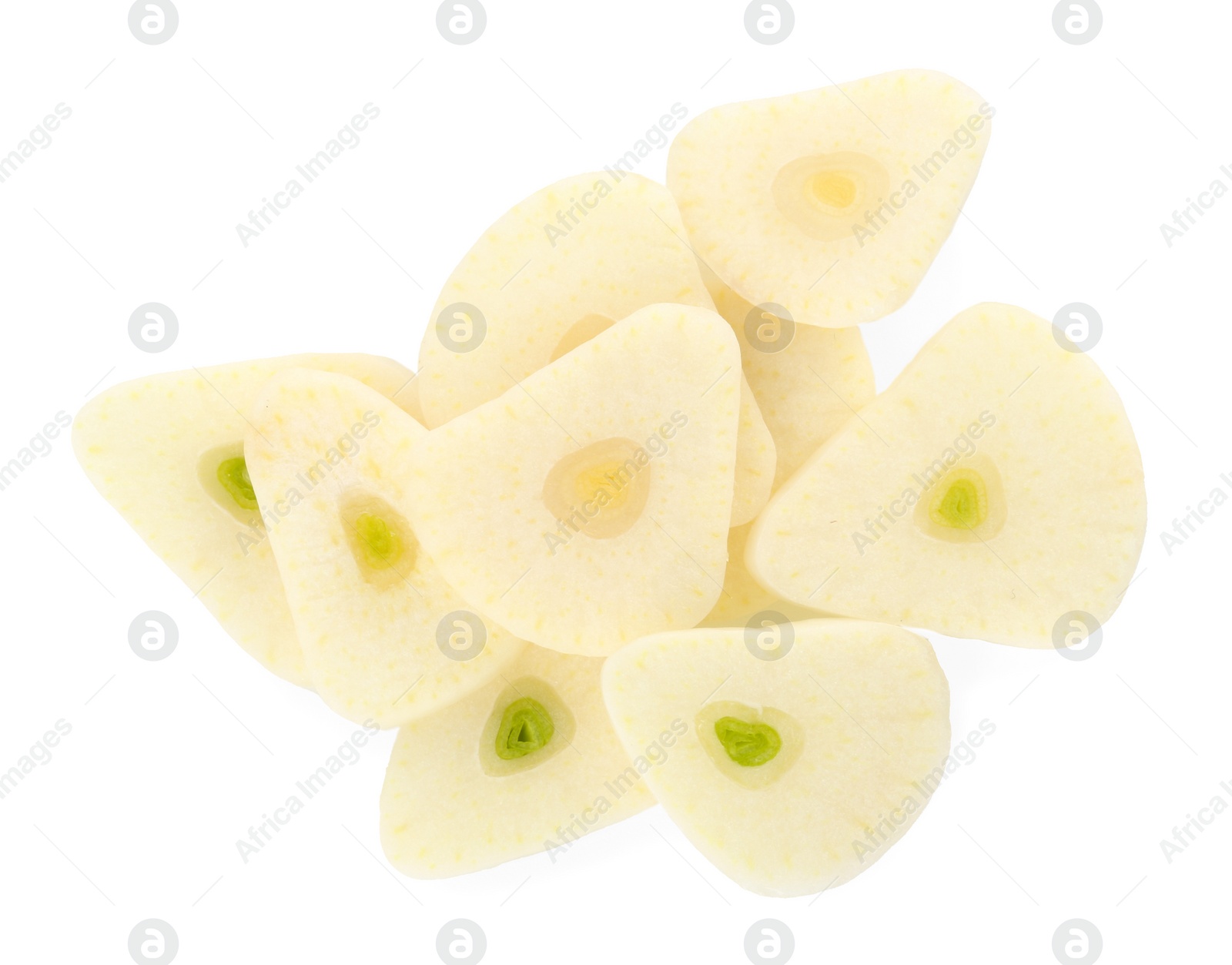 Photo of Pieces of fresh garlic isolated on white, top view