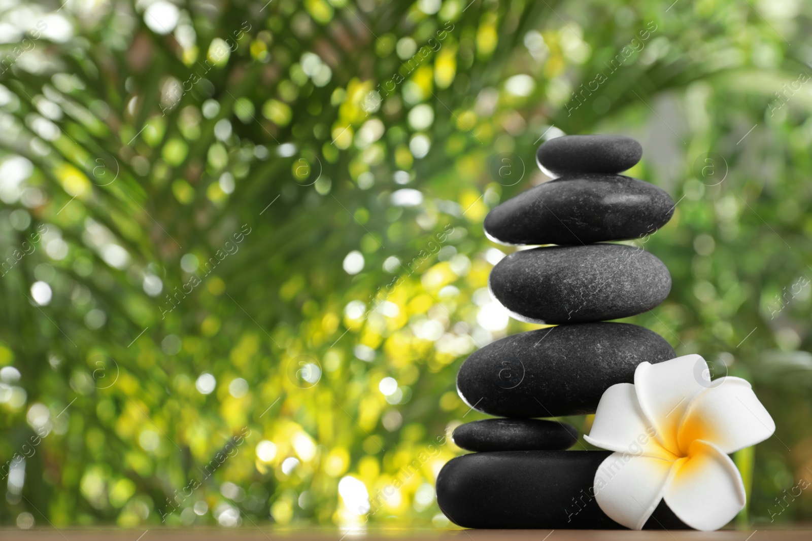 Photo of Stack of stones with flower and blurred green leaves on background, space for text. Zen concept