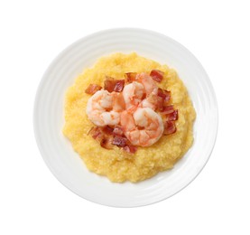 Photo of Plate with fresh tasty shrimps, bacon and grits isolated on white, top view